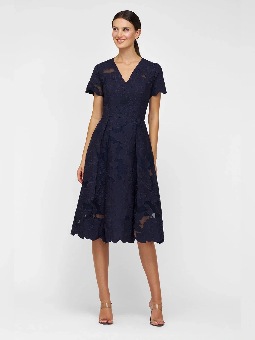 Kay Unger Luna Floral Embroidered Organza Midi Blue A Line Dress NWT SZ 4 Modest - Picture 2 of 11